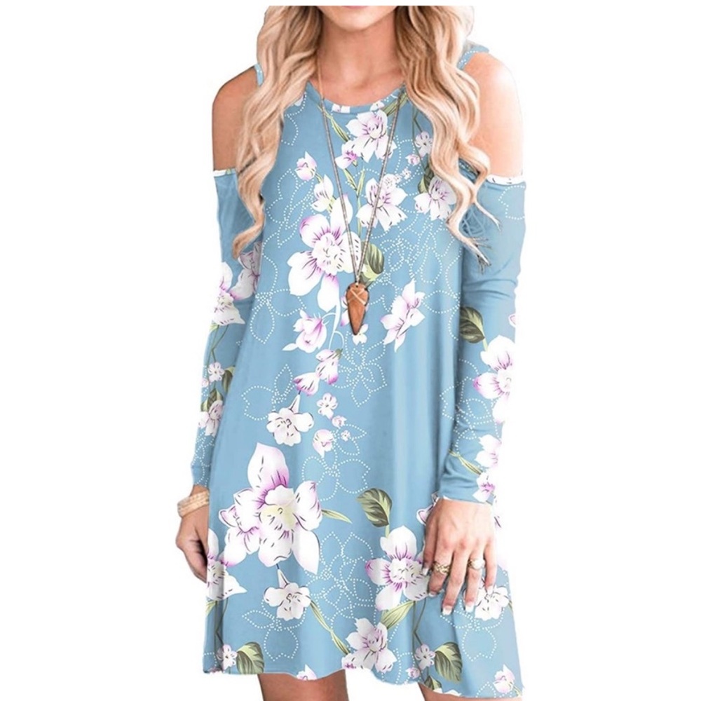 PCEAIIH LONG SLEEVE COLD SHOULDER TUNIC TOP SWING T-SHIRT DRESS W/POCKET…